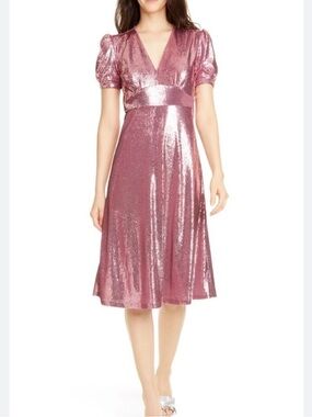 HVN Pink Shimmer Sequin Paula V-Neck Midi Dress Fit & Flare Date Night Size 2